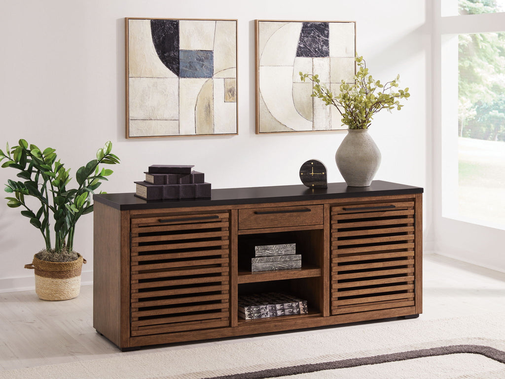 Dark brown credenza with black top, slatted cabinet doors, and central open shelves