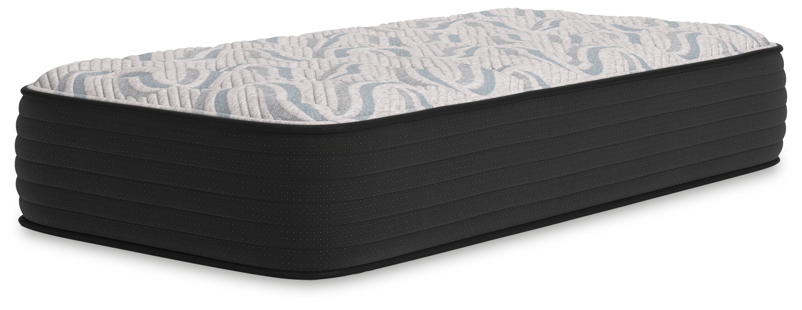 Gray plush mattress with quilted top and thick dark base, rectangular profile
