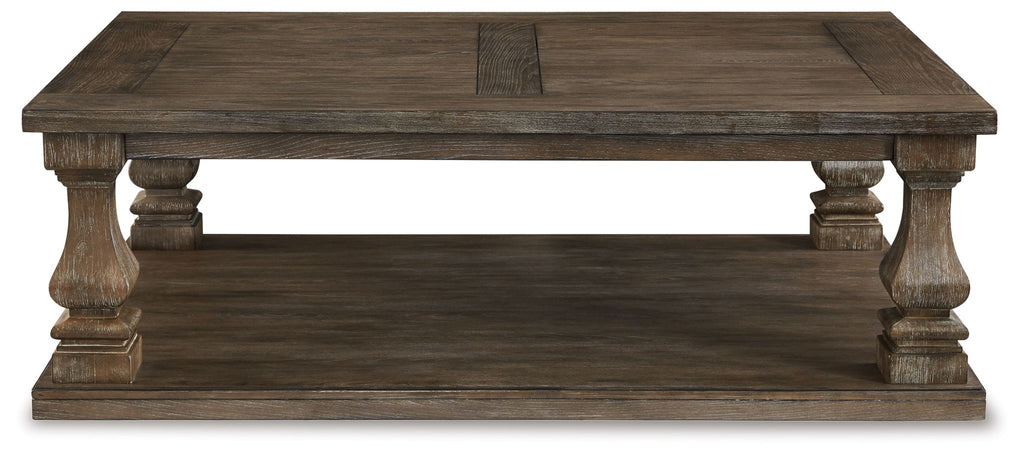 Gray rectangular cocktail table top with two turned end legs