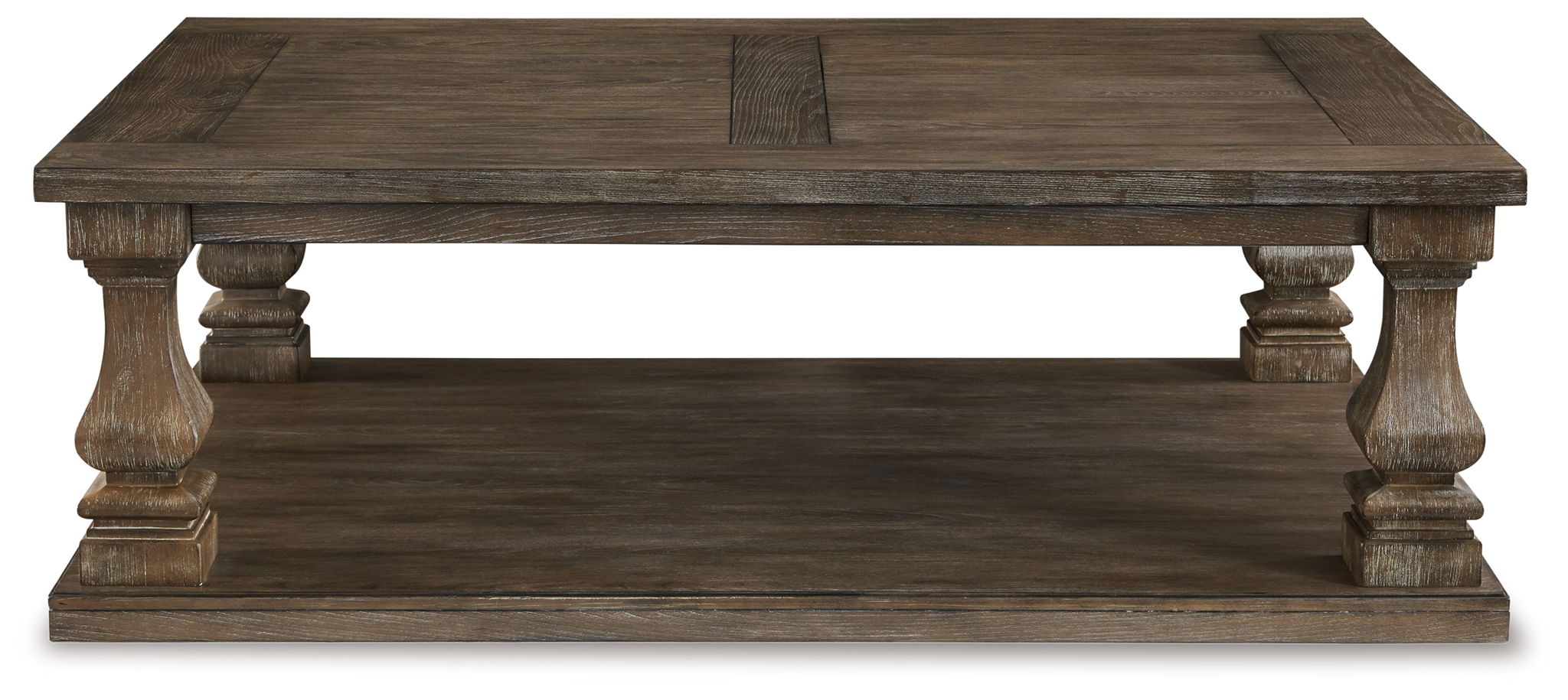 Gray rectangular cocktail table top with two turned end legs
