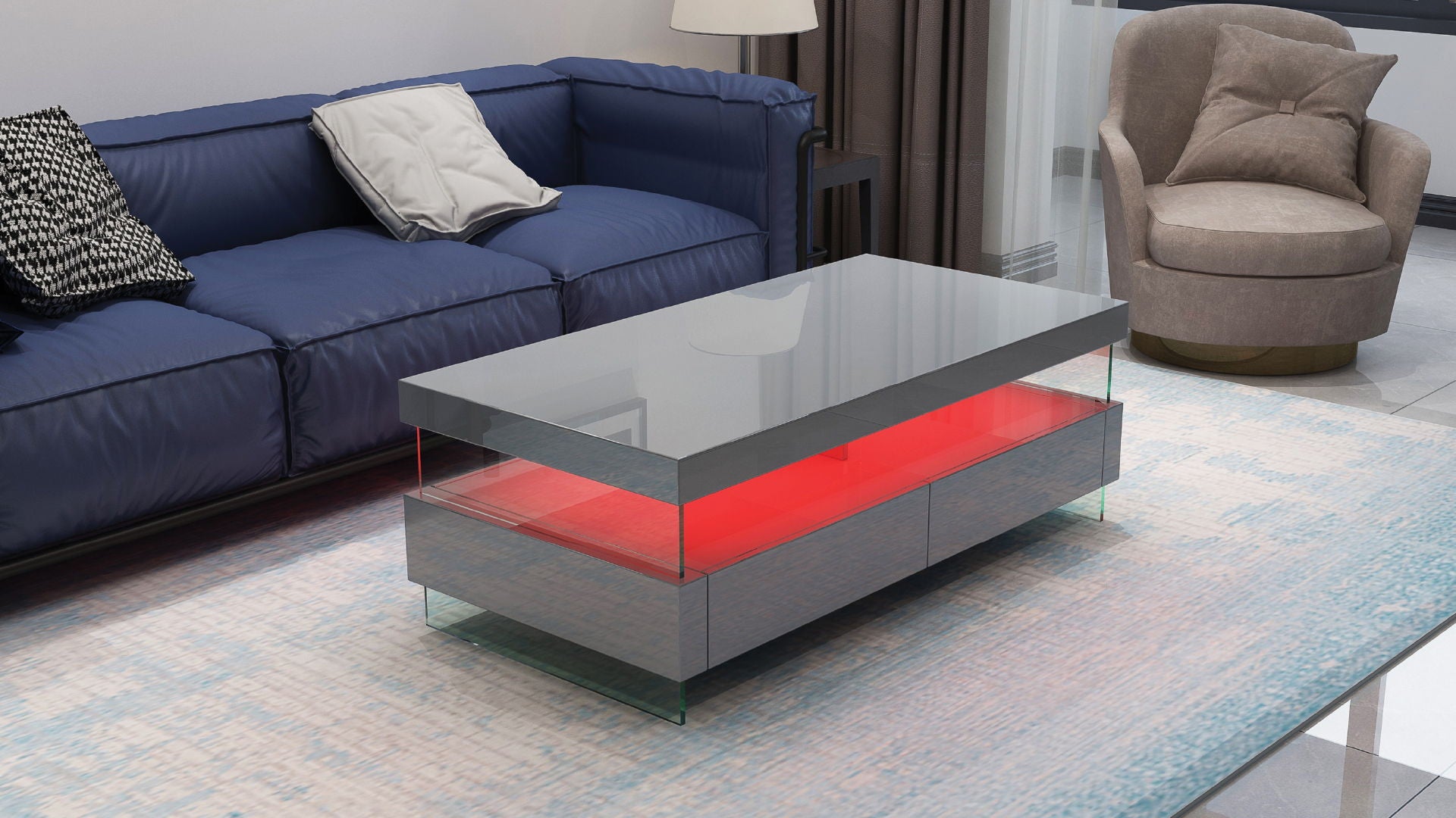 Ria Modern & Contemporary Style Built In LED Style Coffee Table In Gray Color Made With Wood / Glossy Finish