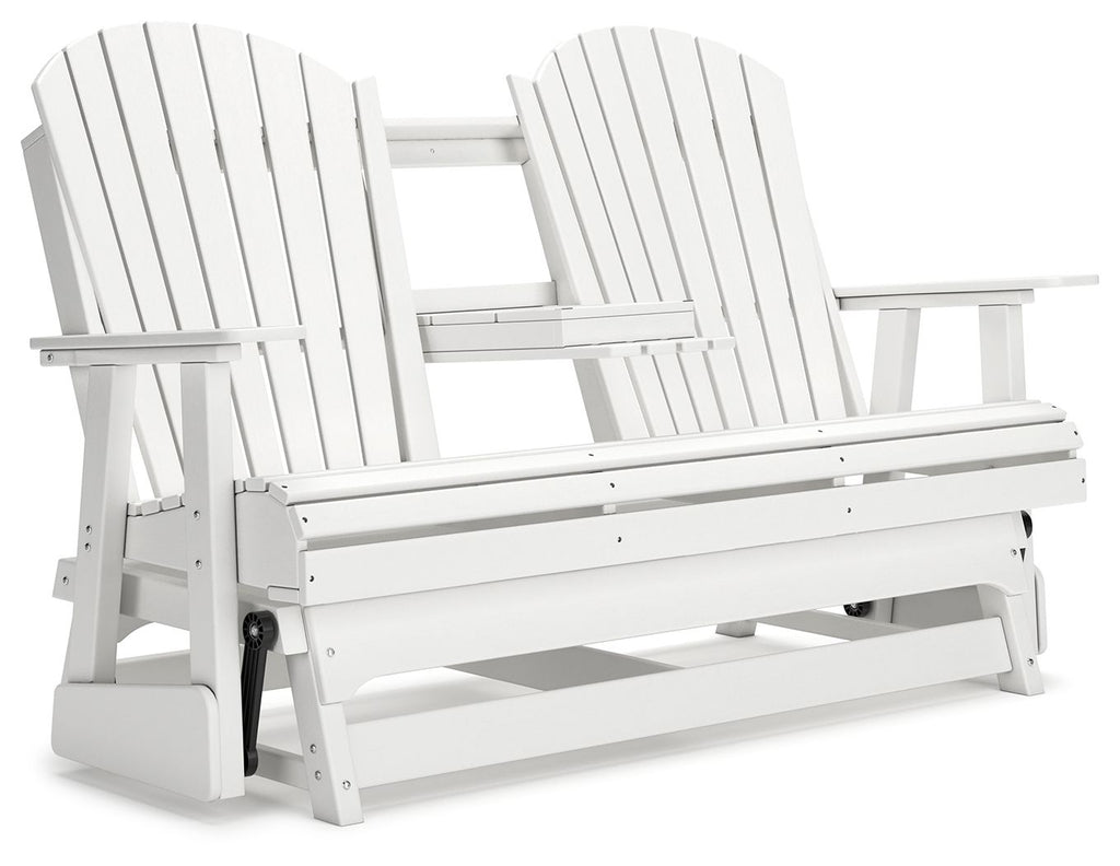 White wooden glider loveseat with slatted back and arms, cushioned seat