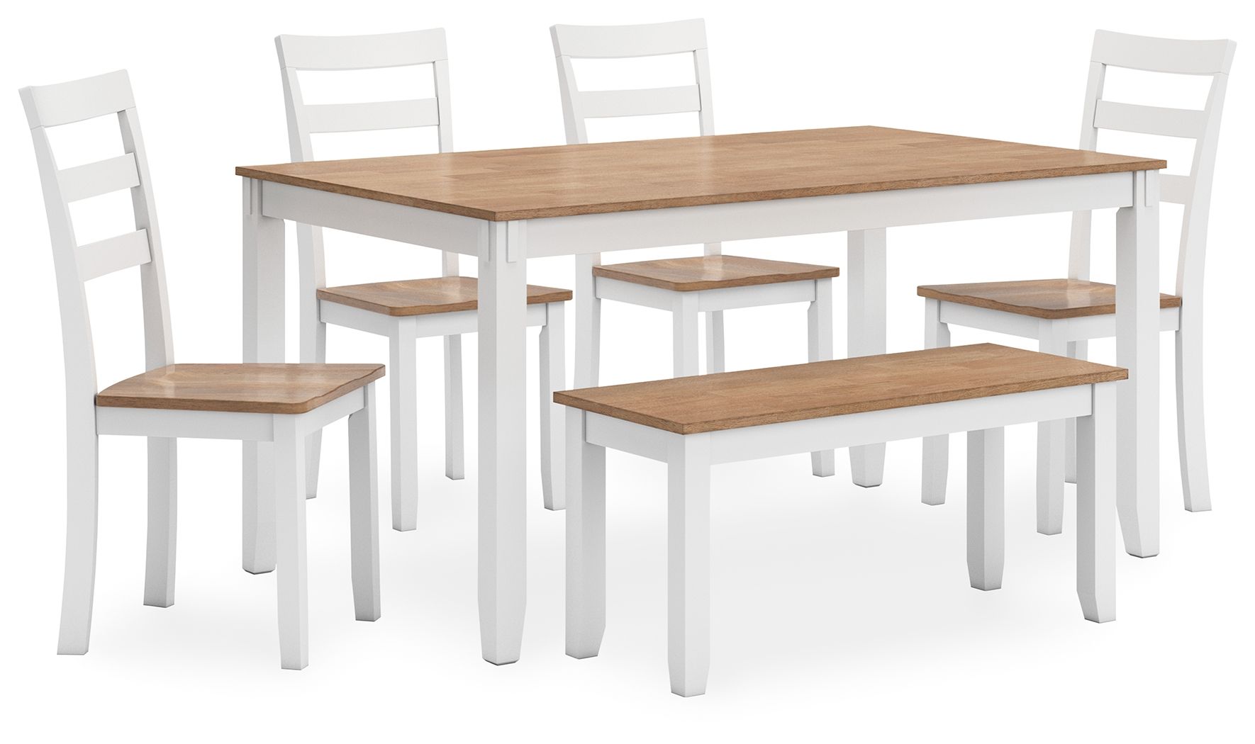 Rectangular dining table set with light wood tabletop, white chairs, and matching bench