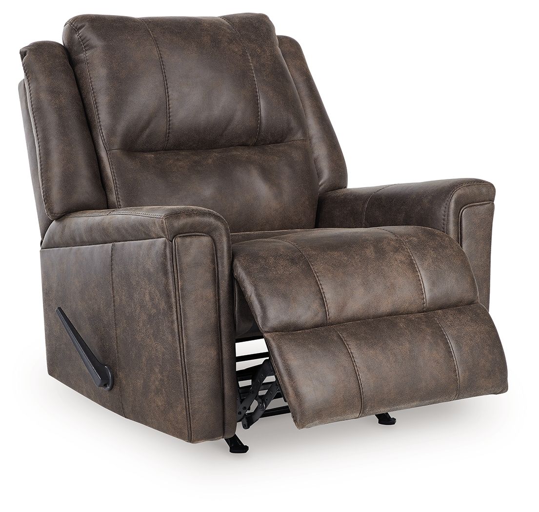 Dark gray faux-leather rocker recliner with reclining footrest and side control lever