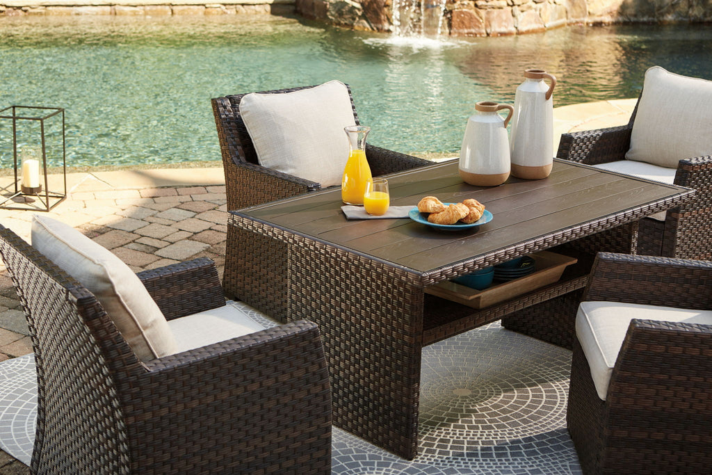 Dark brown woven multi-use table with storage shelf and top surface