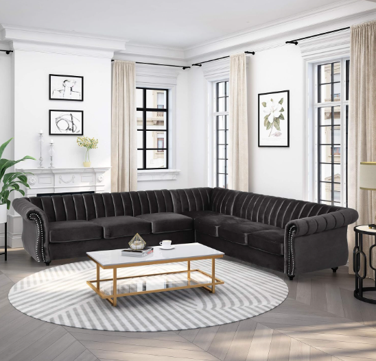 7-Seater L-Shaped Velvet Sectional Sofa in Black