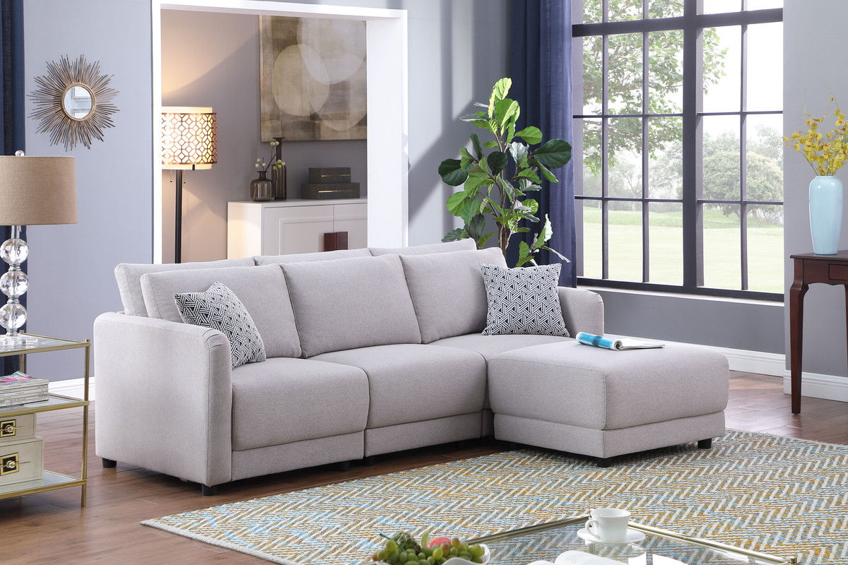 Penelope - Fabric Sofa With Ottoman And Pillows (Set of 2) - Light Gray Linen
