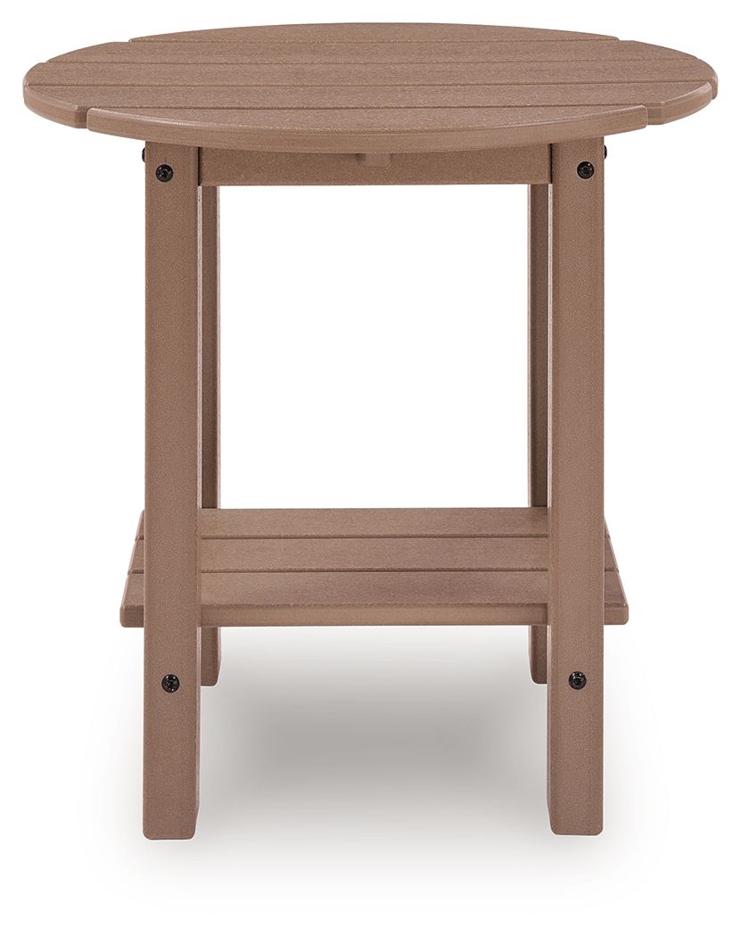Light brown oval outdoor table with slatted tabletop and lower shelf, front view
