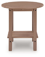 Light brown oval outdoor table with slatted tabletop and lower shelf, front view