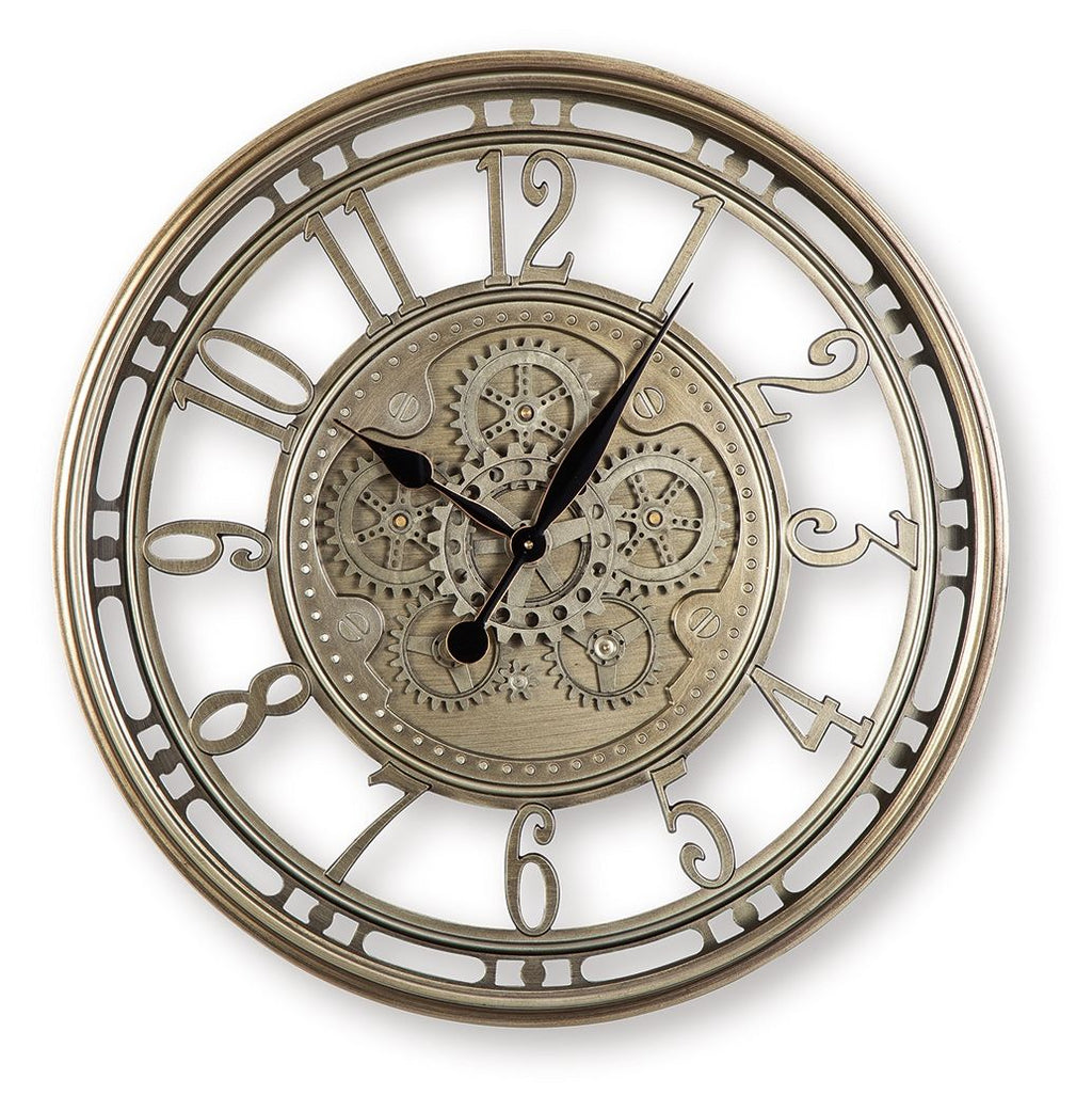 Champagne wall clock with ornate gear dial and Roman numerals