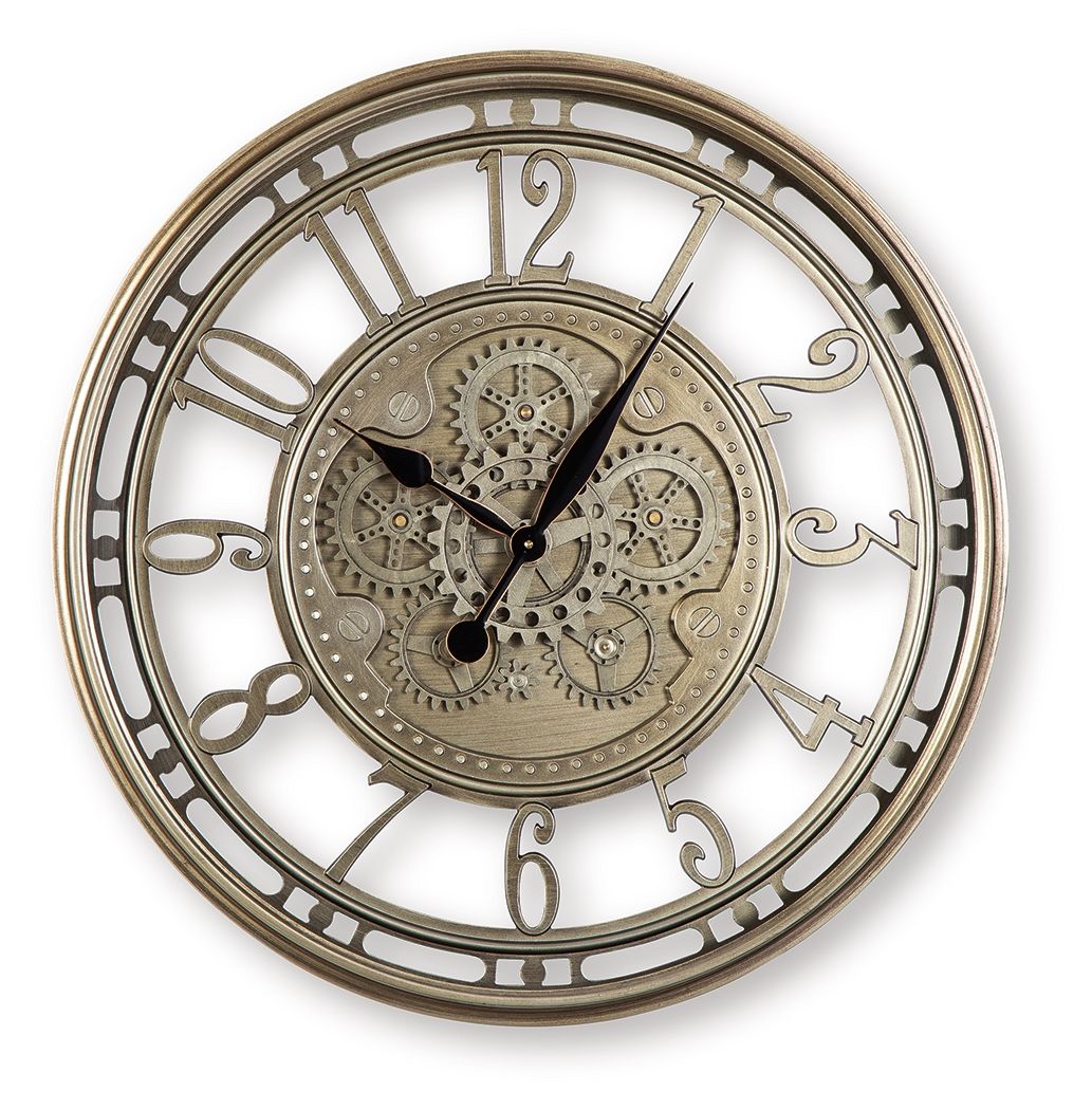 Champagne wall clock with ornate gear dial and Roman numerals