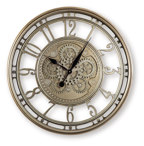 Champagne wall clock with ornate gear dial and Roman numerals