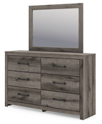 Gray-brown dresser with rectangular mirror and six drawers, metal bar handles