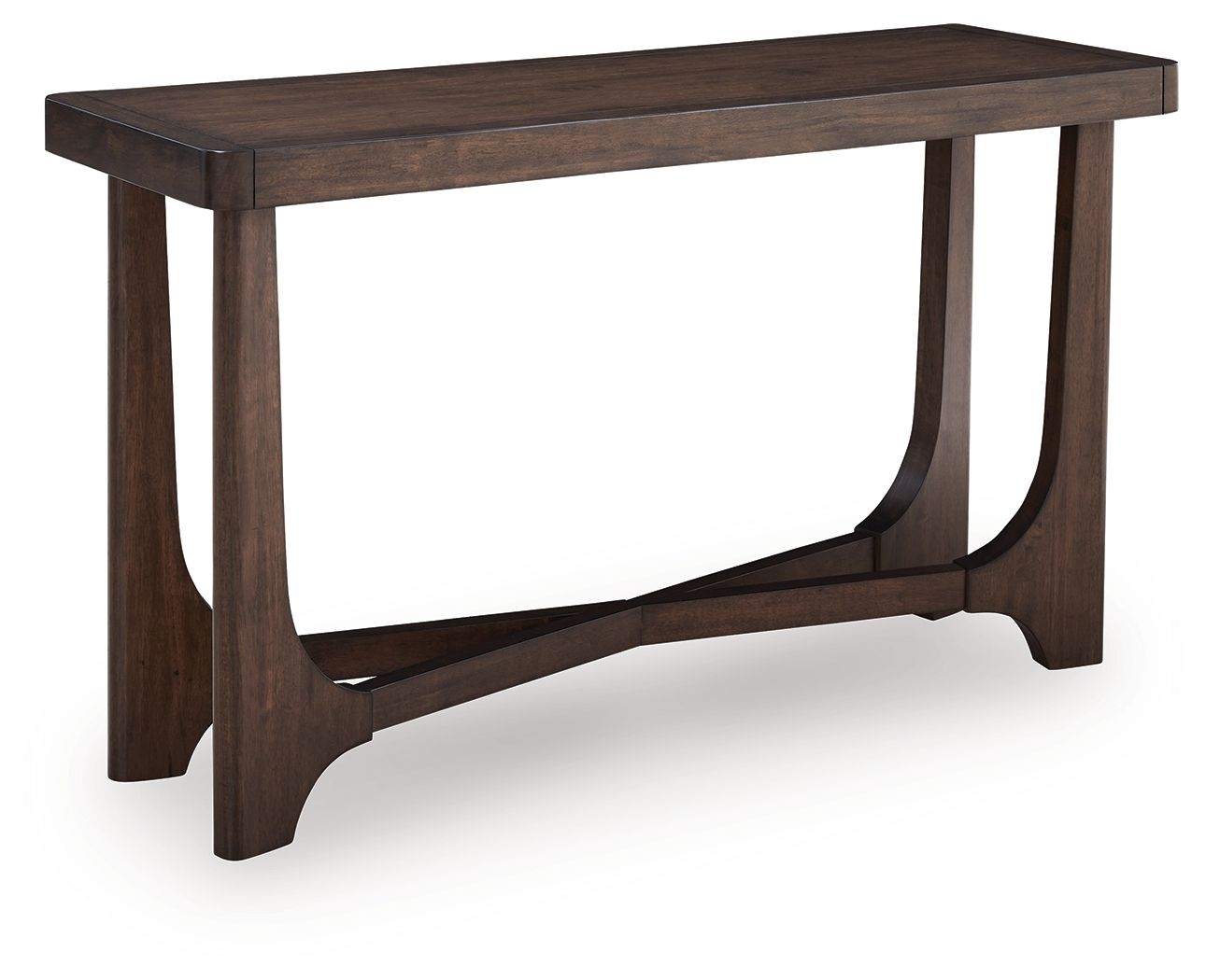 Dark brown rectangular cocktail table with curved support frame and thick legs