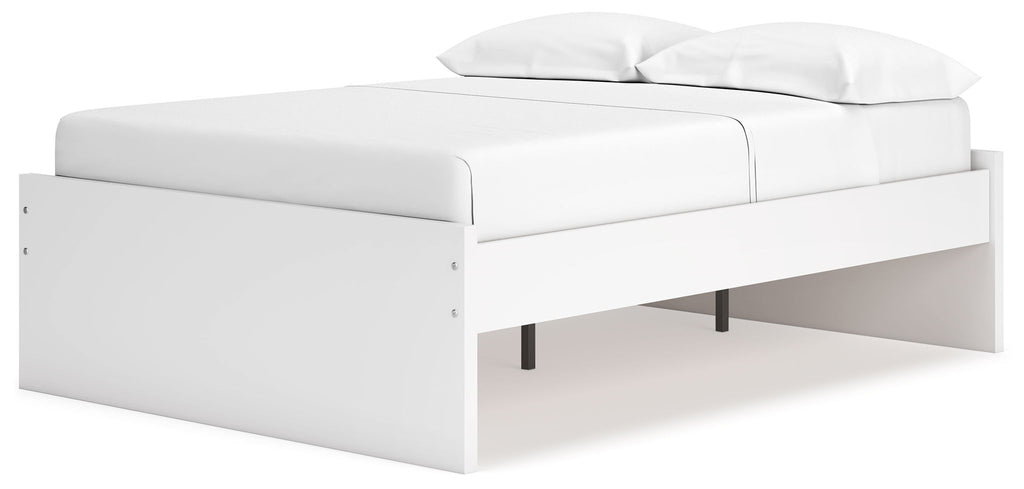White platform bed with two support legs and an open-under storage area