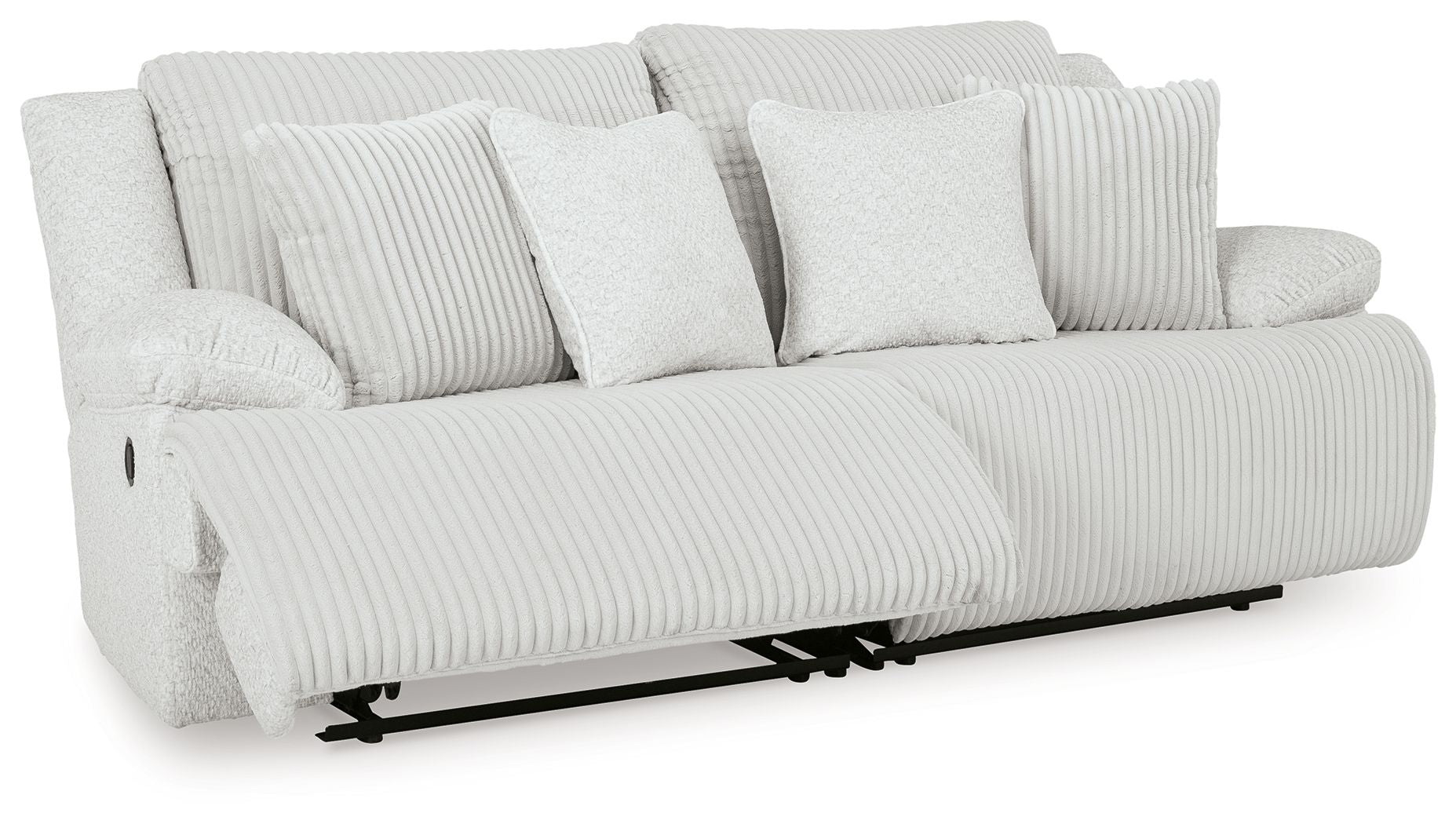 Light gray reclining sectional sofa with striped cushions and multiple throw pillows