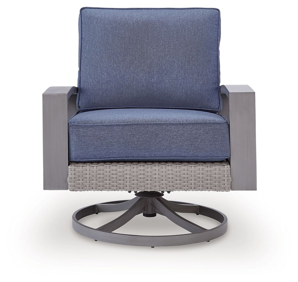 Blue cushioned swivel lounge chair with gray woven seat base and padded backrest