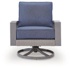 Blue cushioned swivel lounge chair with gray woven seat base and padded backrest