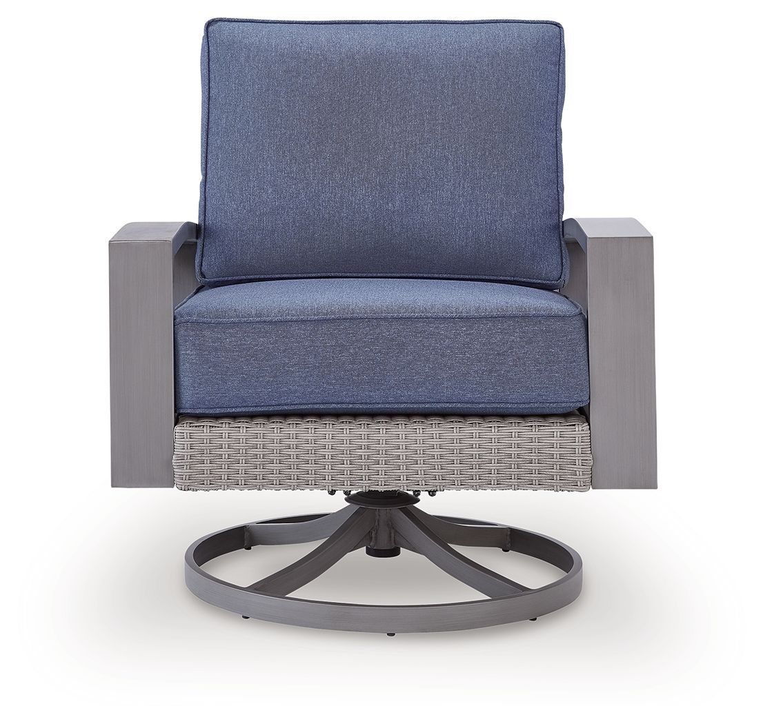 Blue cushioned swivel lounge chair with gray woven seat base and padded backrest