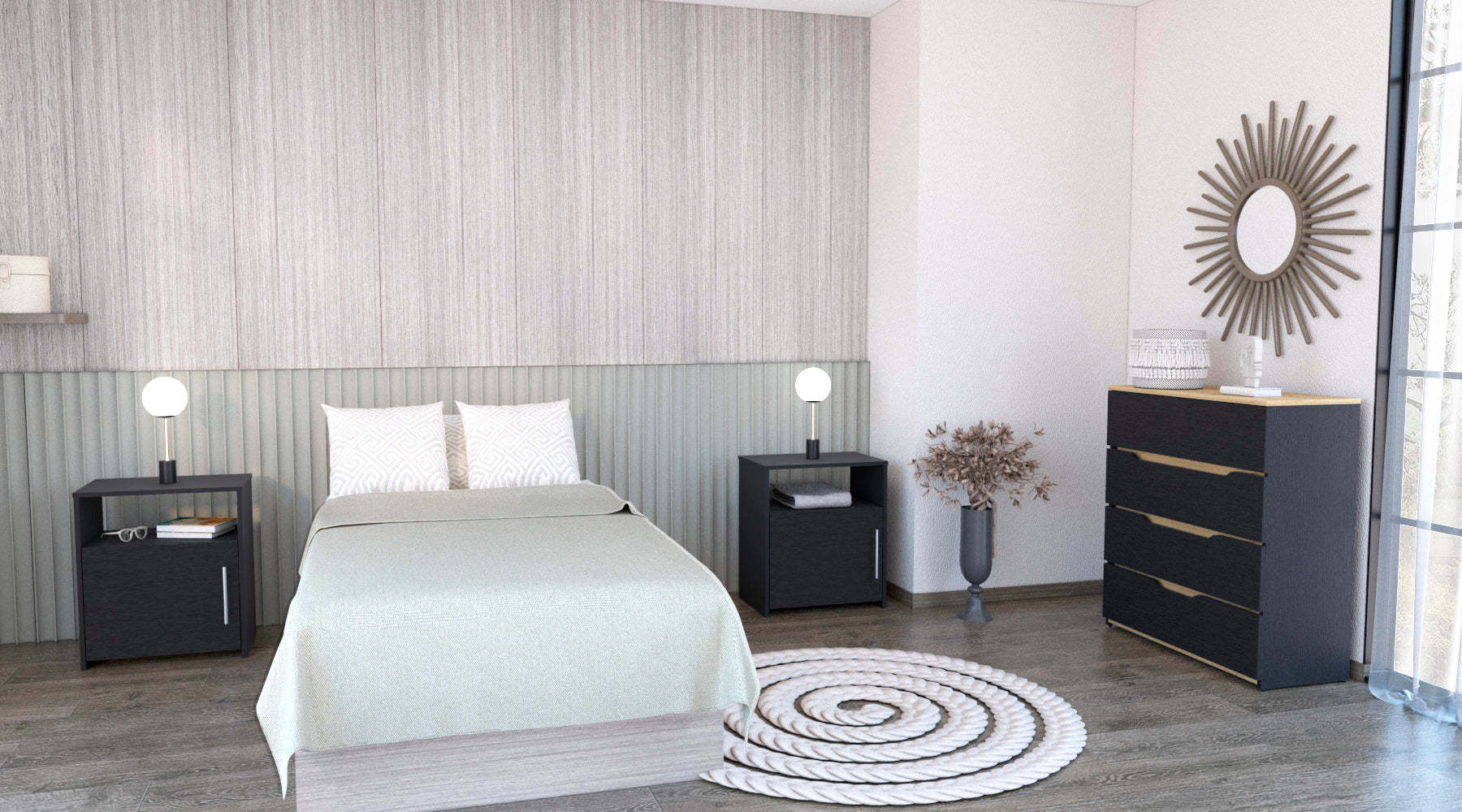 3 Piece Bedroom Set: Aralia Dresser, 2 Omaha Nightstands - Black/Light Oak