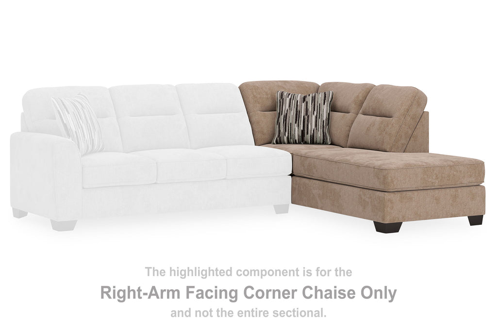 Mocha right-arm facing corner chaise section with back cushion and striped throw pillow
