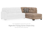 Mocha right-arm facing corner chaise section with back cushion and striped throw pillow