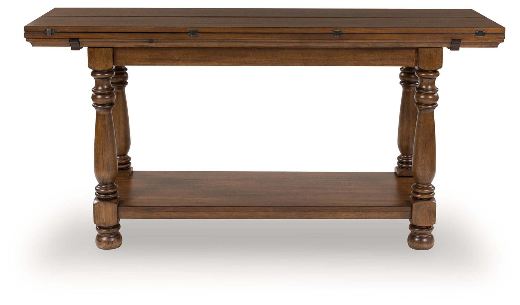 Brown flip-top sofa table with turned legs, lower shelf, closed hinged top