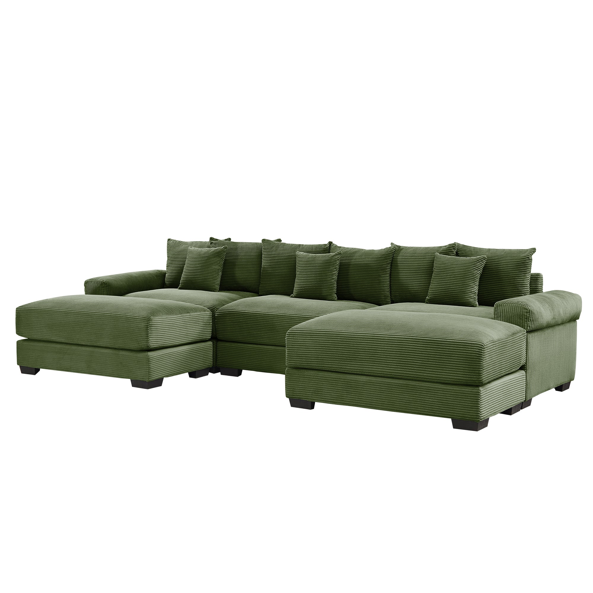 Green corduroy modular sectional sofa with chaise ottoman and multiple seat cushions