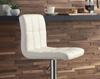 Beige adjustable barstool with padded seat and tall back, chrome base and footrest