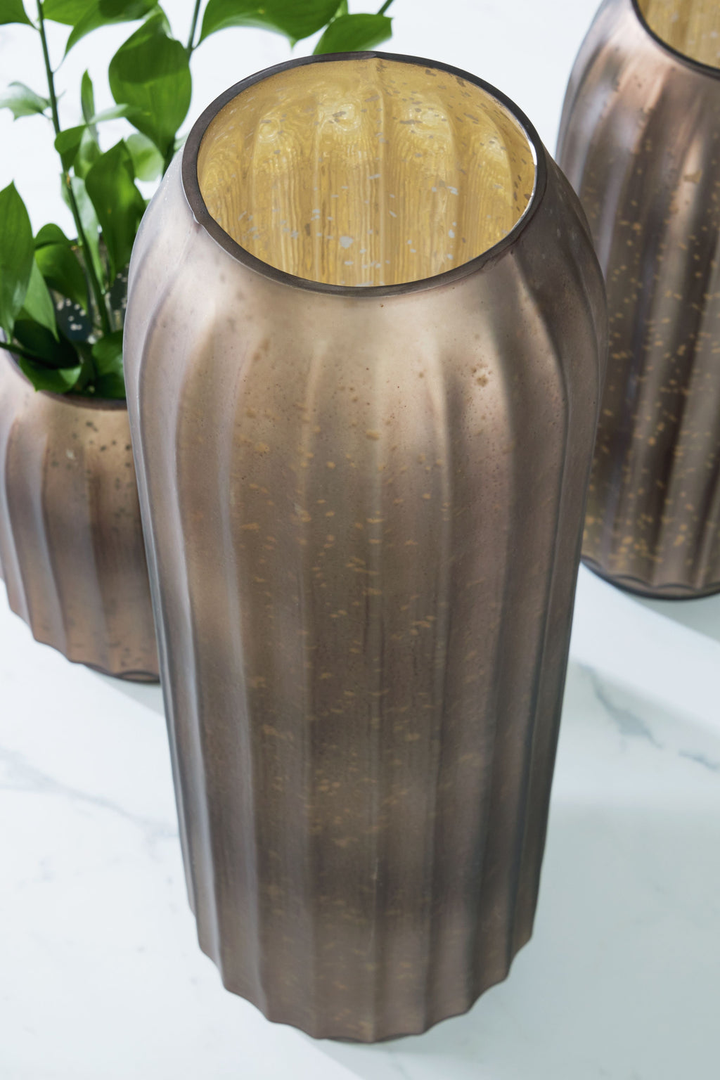 Metal vase, dark bronze, rounded flared rim and vertical textured sides