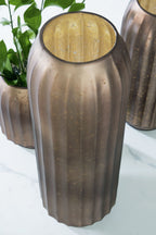Metal vase, dark bronze, rounded flared rim and vertical textured sides