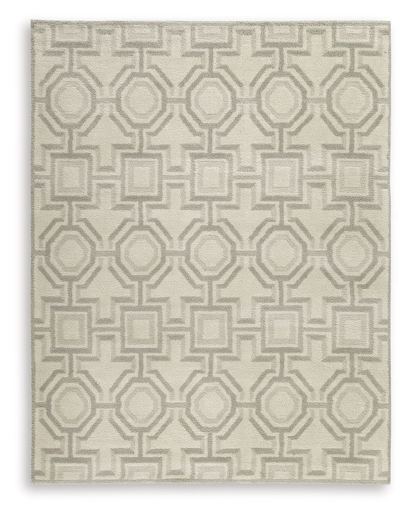 Beige rug with bold geometric pattern in light gray, square design view
