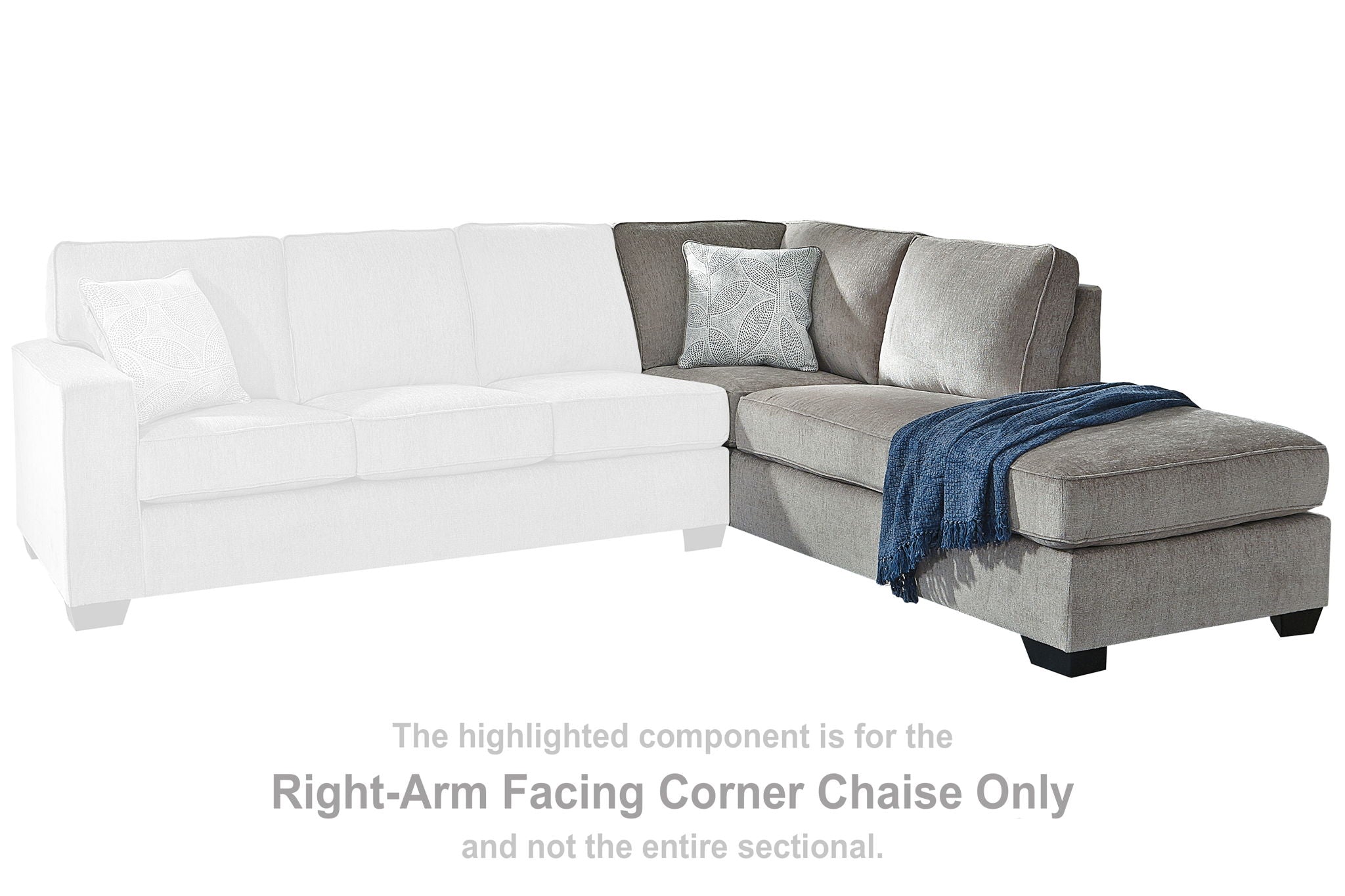 Right-arm facing corner chaise in gray upholstery with blue throw and square arm
