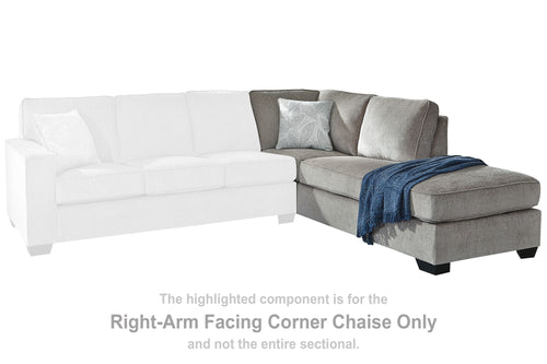 Right-arm facing corner chaise in gray upholstery with blue throw and square arm