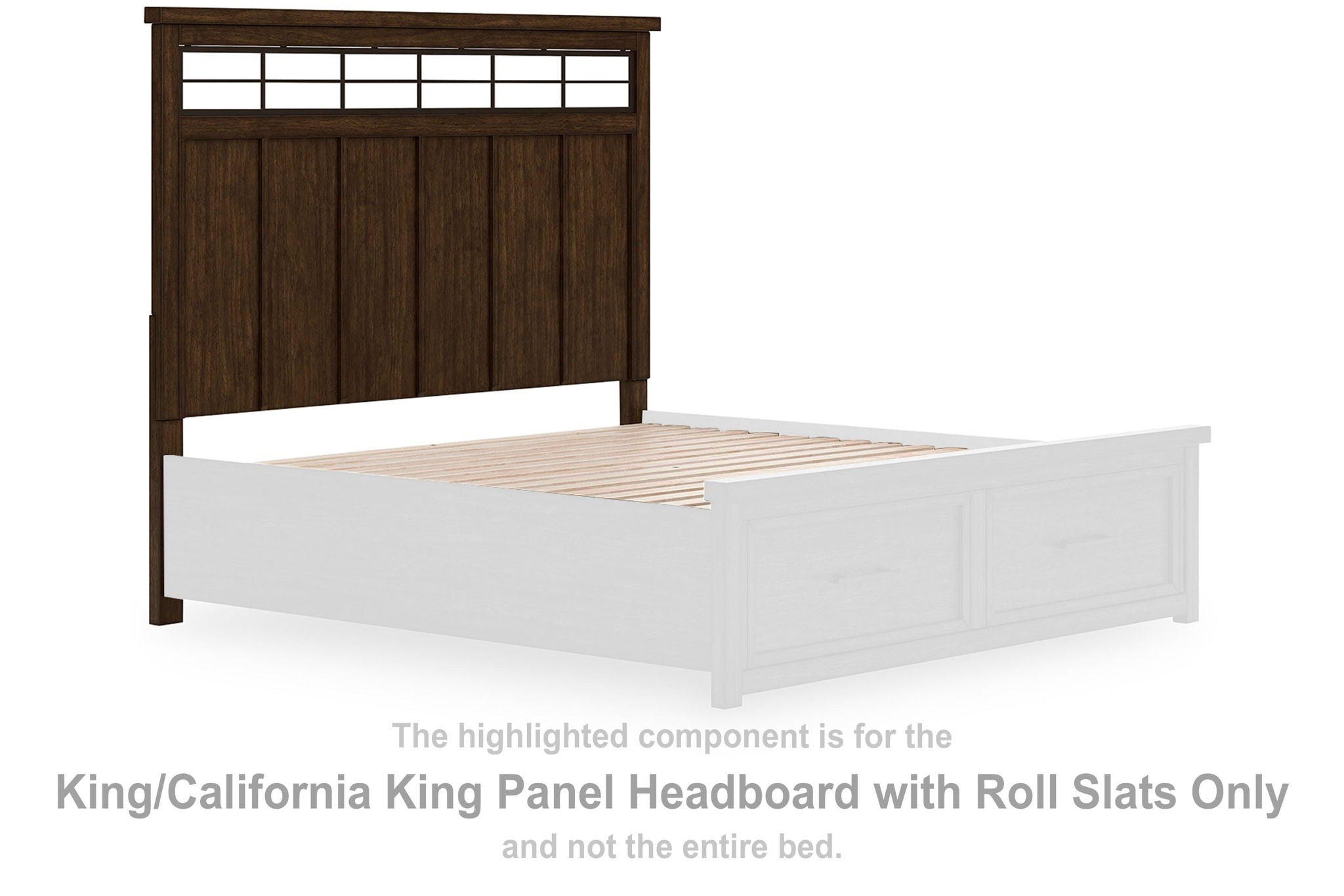 Medium brown panel headboard with roll slats and horizontal top rail