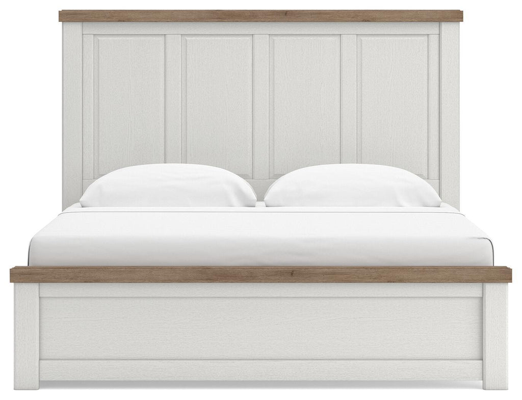 White panel bed with paneled headboard and wood top rail, solid front panel