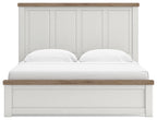 White panel bed with paneled headboard and wood top rail, solid front panel