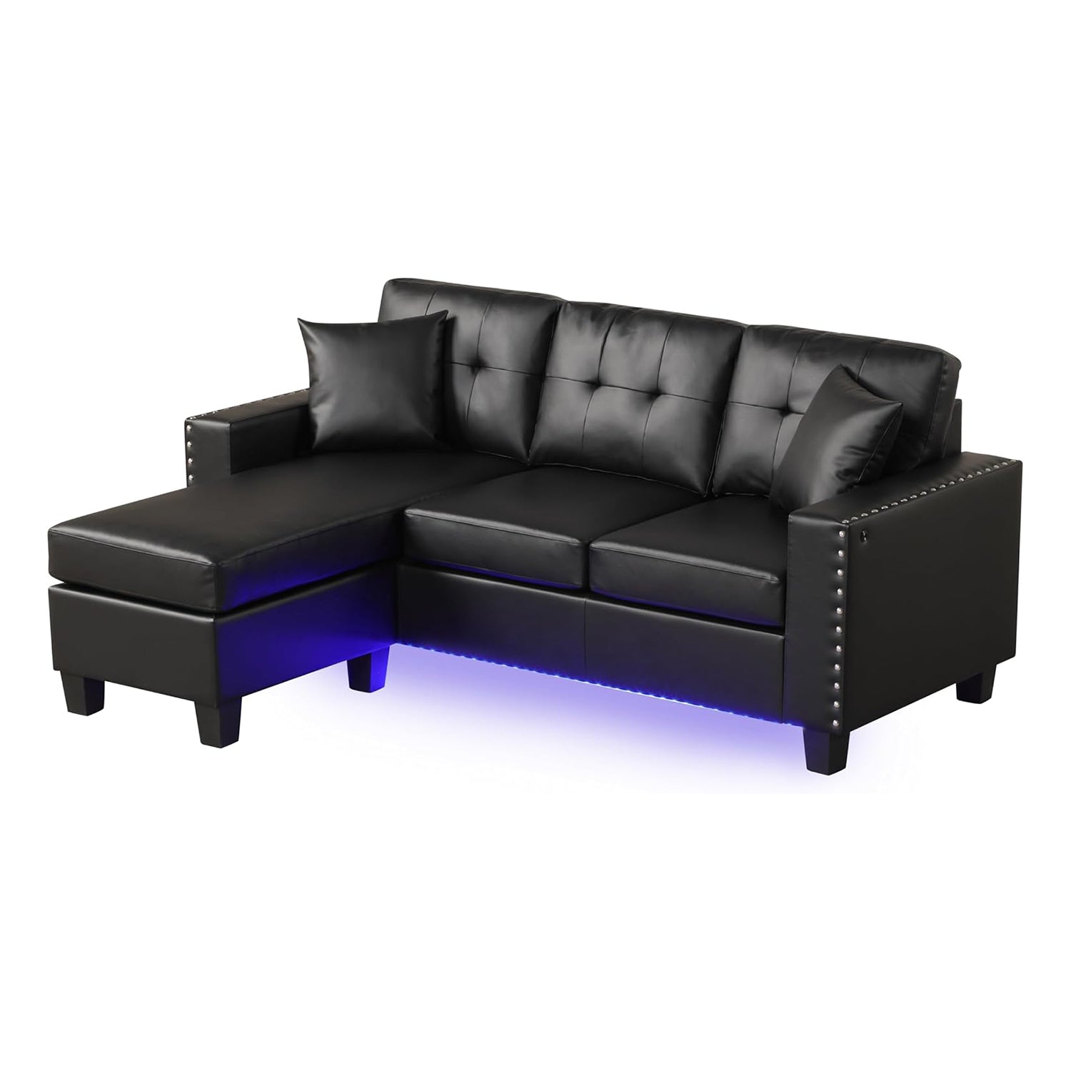 Reversible Black PVC Sectional Sofa Chaise LED Pillows