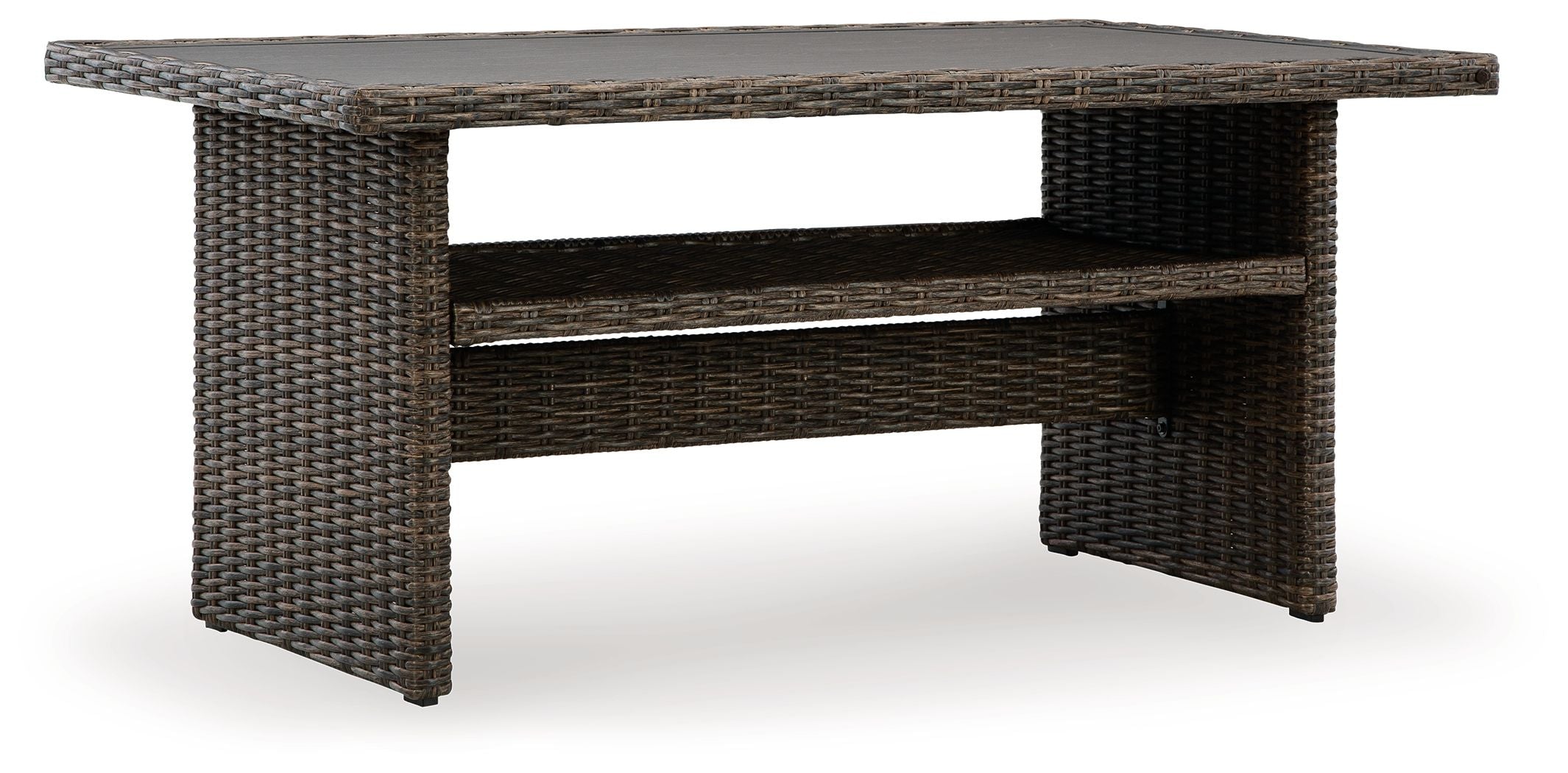 Brown rectangular multi-use table with woven frame and lower open shelf