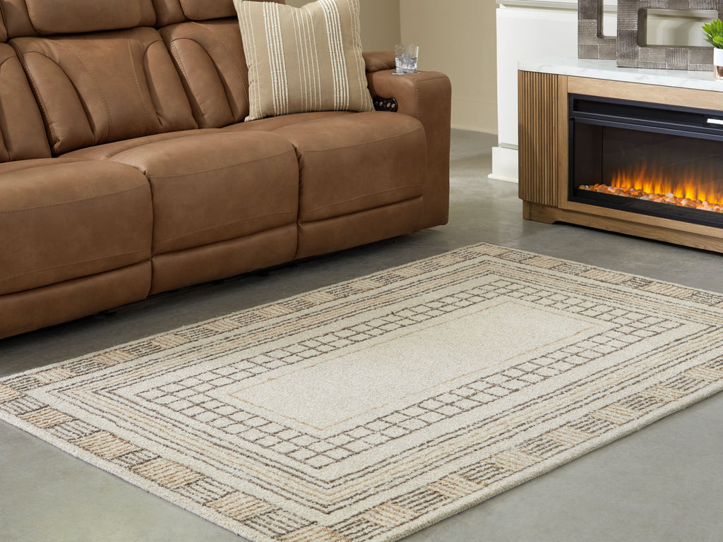 Beige geometric rug with wide border stripe and symmetrical center panel