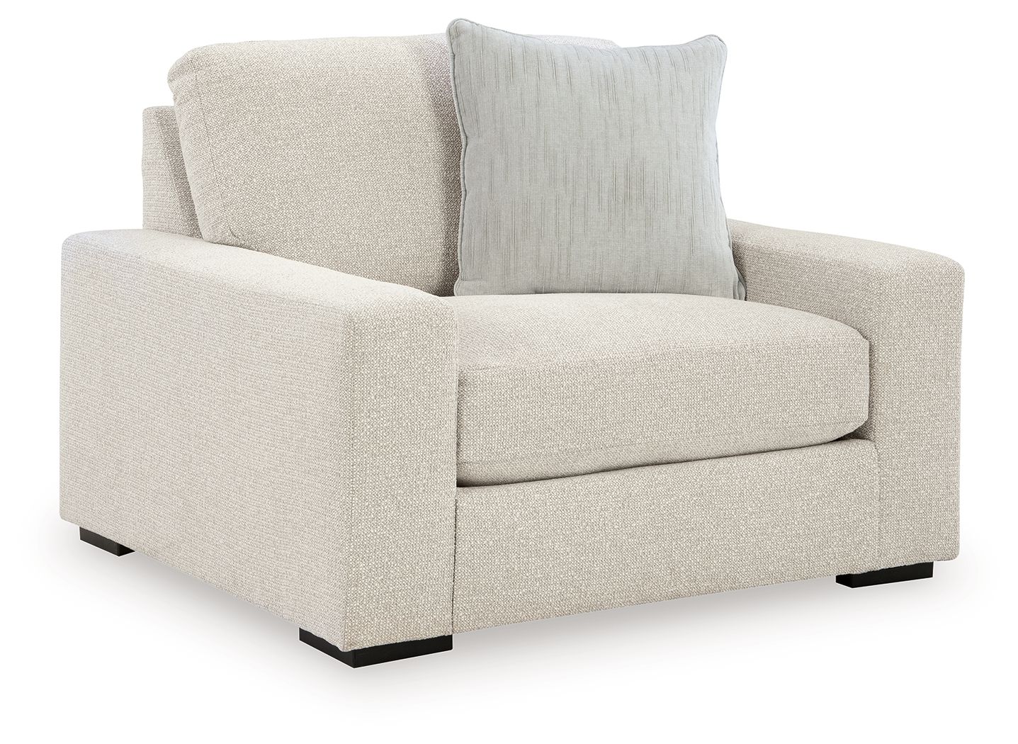 Upholstered chair and a half with tall back, wide arms, light beige linen fabric