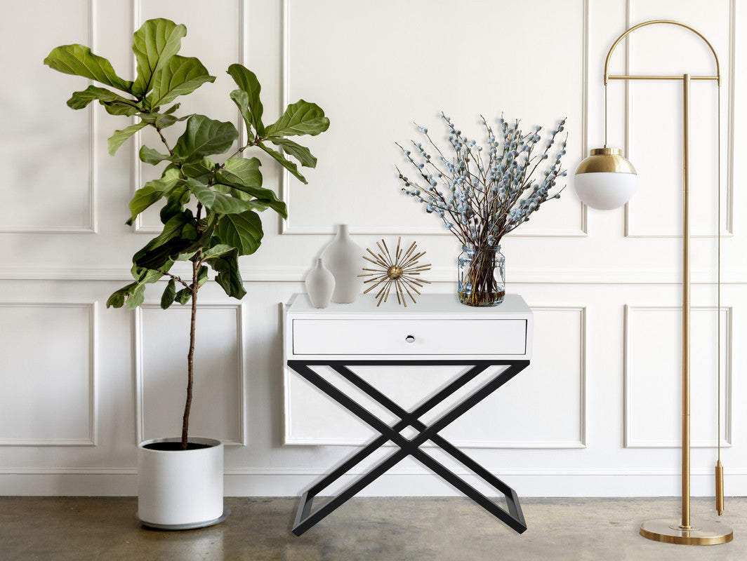 White Wood End Table Nightstand w/Glass Top & Drawer - Koda 23