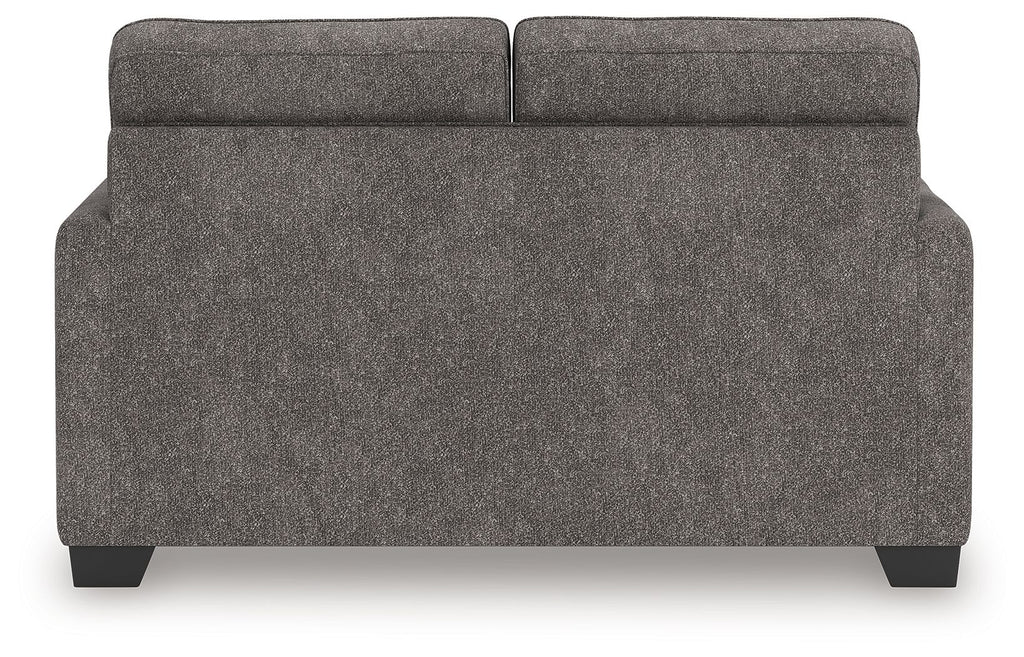 Dark gray upholstered loveseat backrest and arms with low block feet