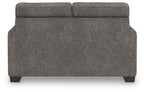 Dark gray upholstered loveseat backrest and arms with low block feet