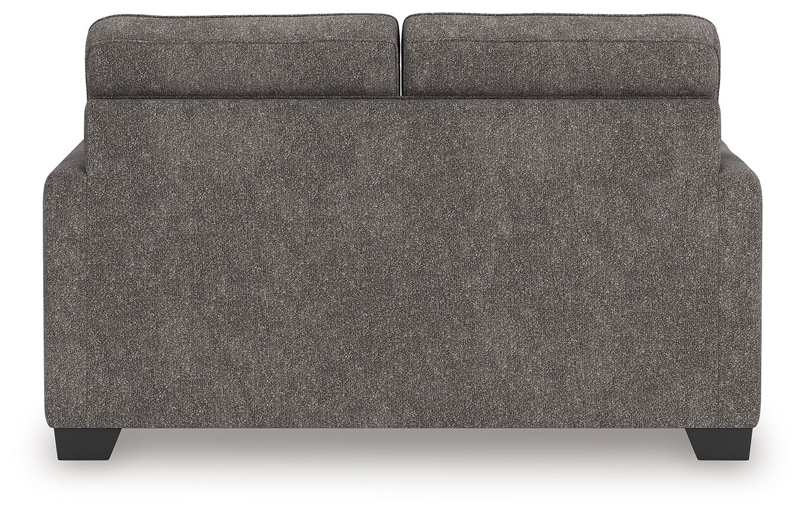 Dark gray upholstered loveseat backrest and arms with low block feet