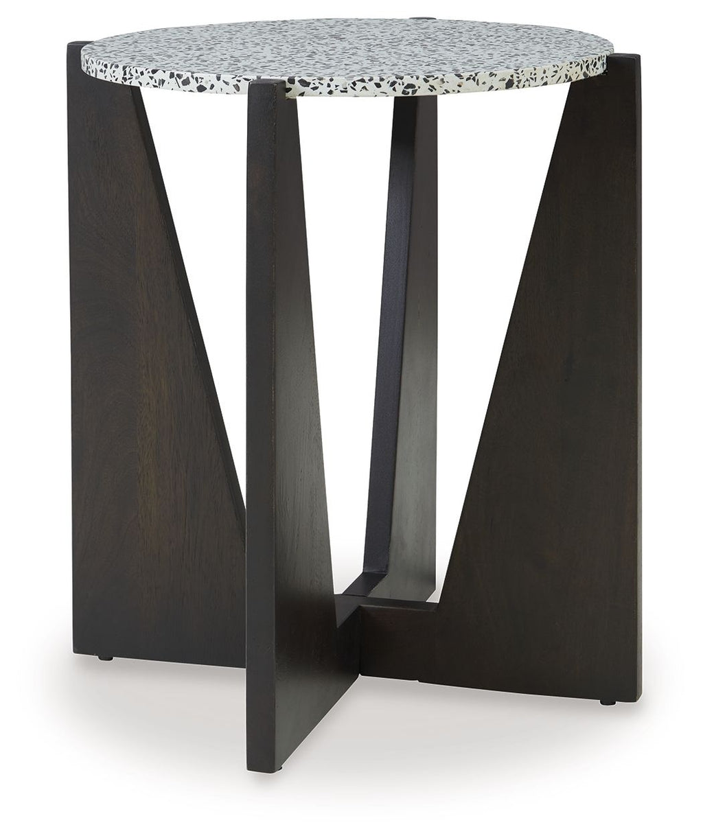 Round accent table with speckled white top and dark wood-look frame legs