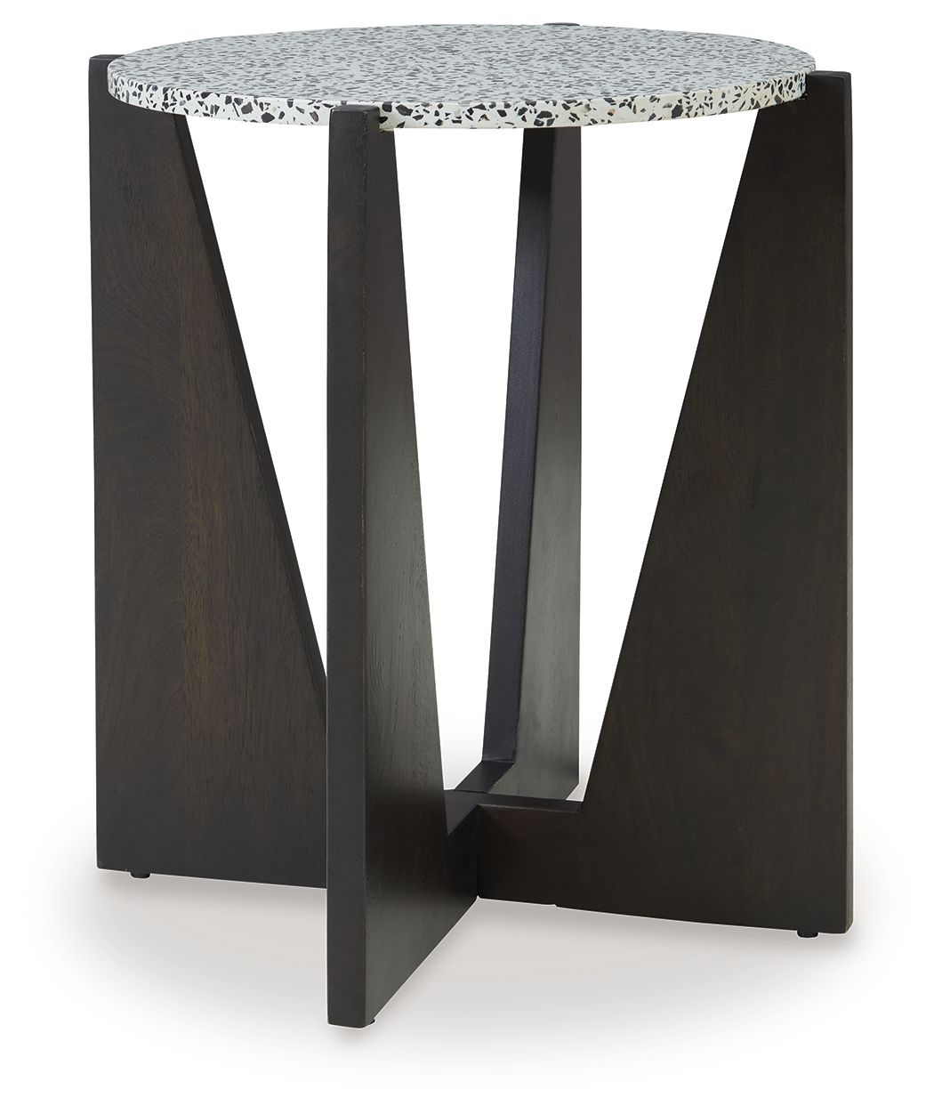 Round accent table with speckled white top and dark wood-look frame legs