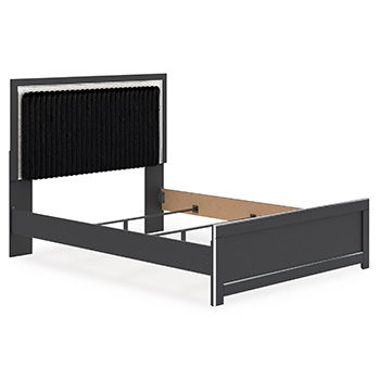 Upholstered panel headboard with black fabric panel and dark frame