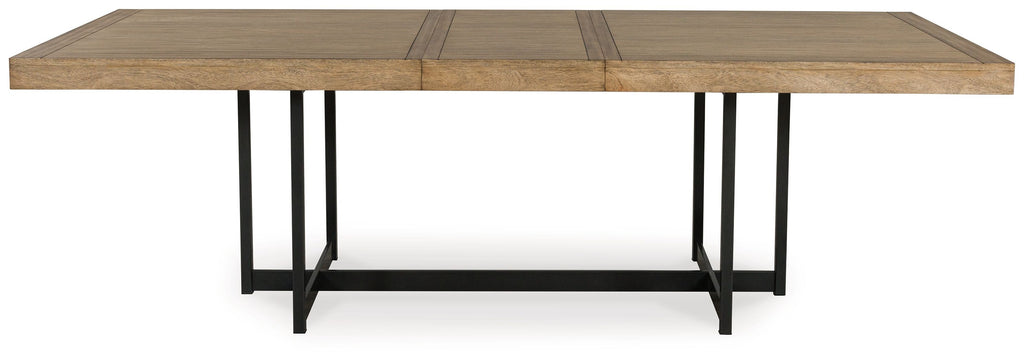 Rectangular light brown dining extension table top with black metal legs