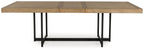Rectangular light brown dining extension table top with black metal legs